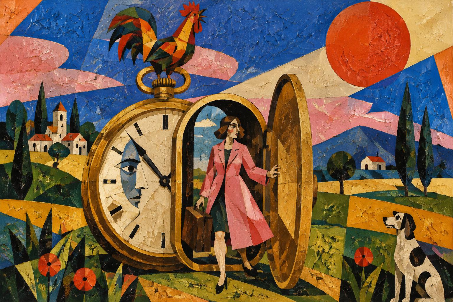 A woman with a suitcase steps out through the open door of a giant pocket watch into a sunny field