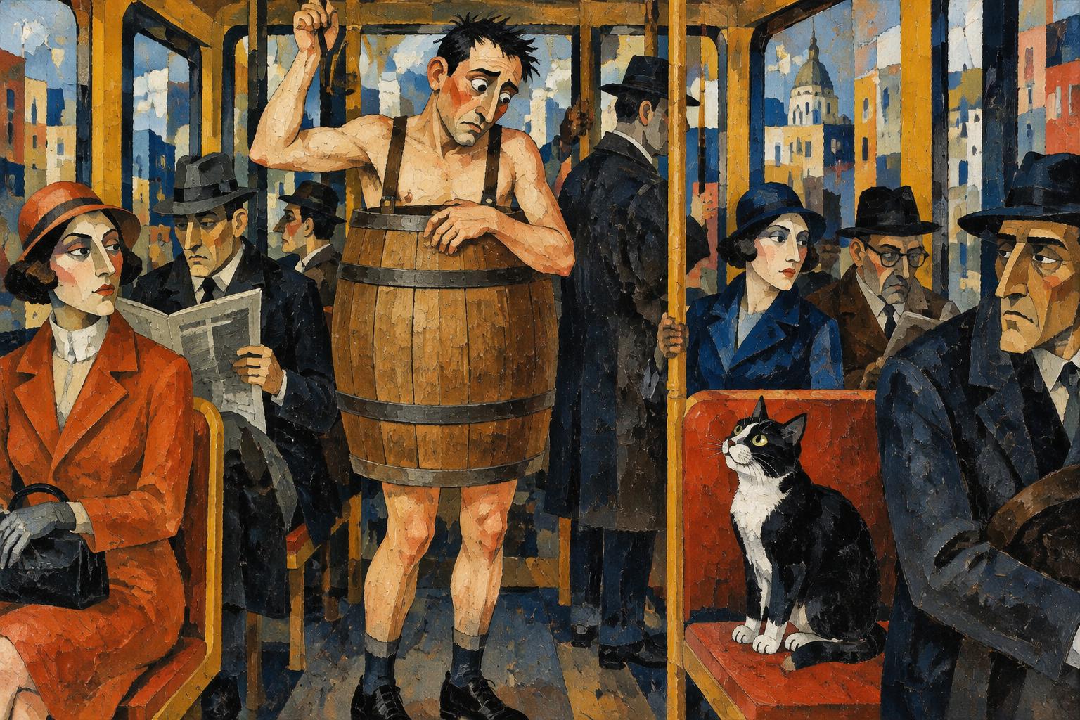 A man wearing only a barrel stands on a crowded tram as passengers and a cat stare