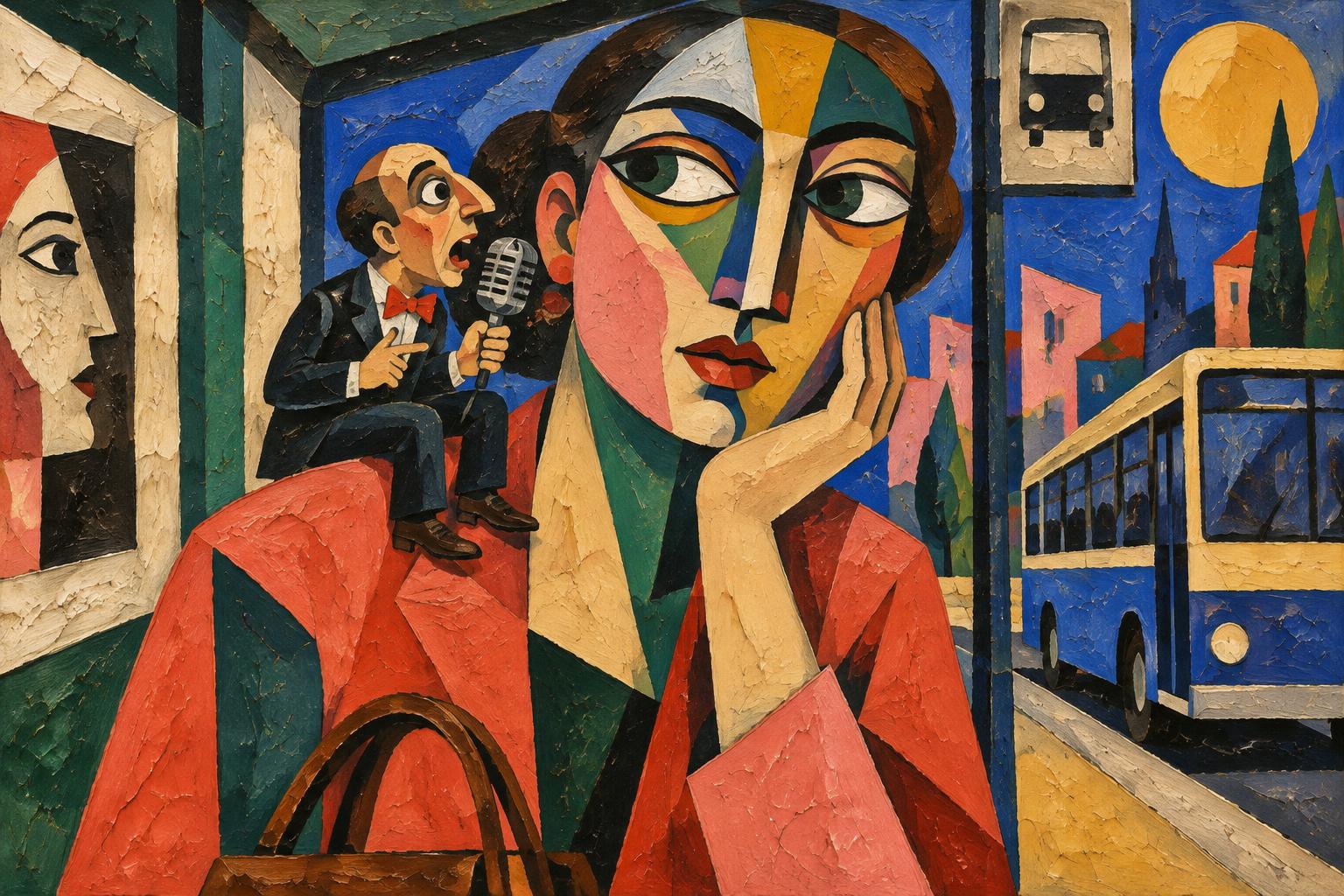 A woman sits on a bus with her chin in her hand as a tiny man on her shoulder talks into a microphone