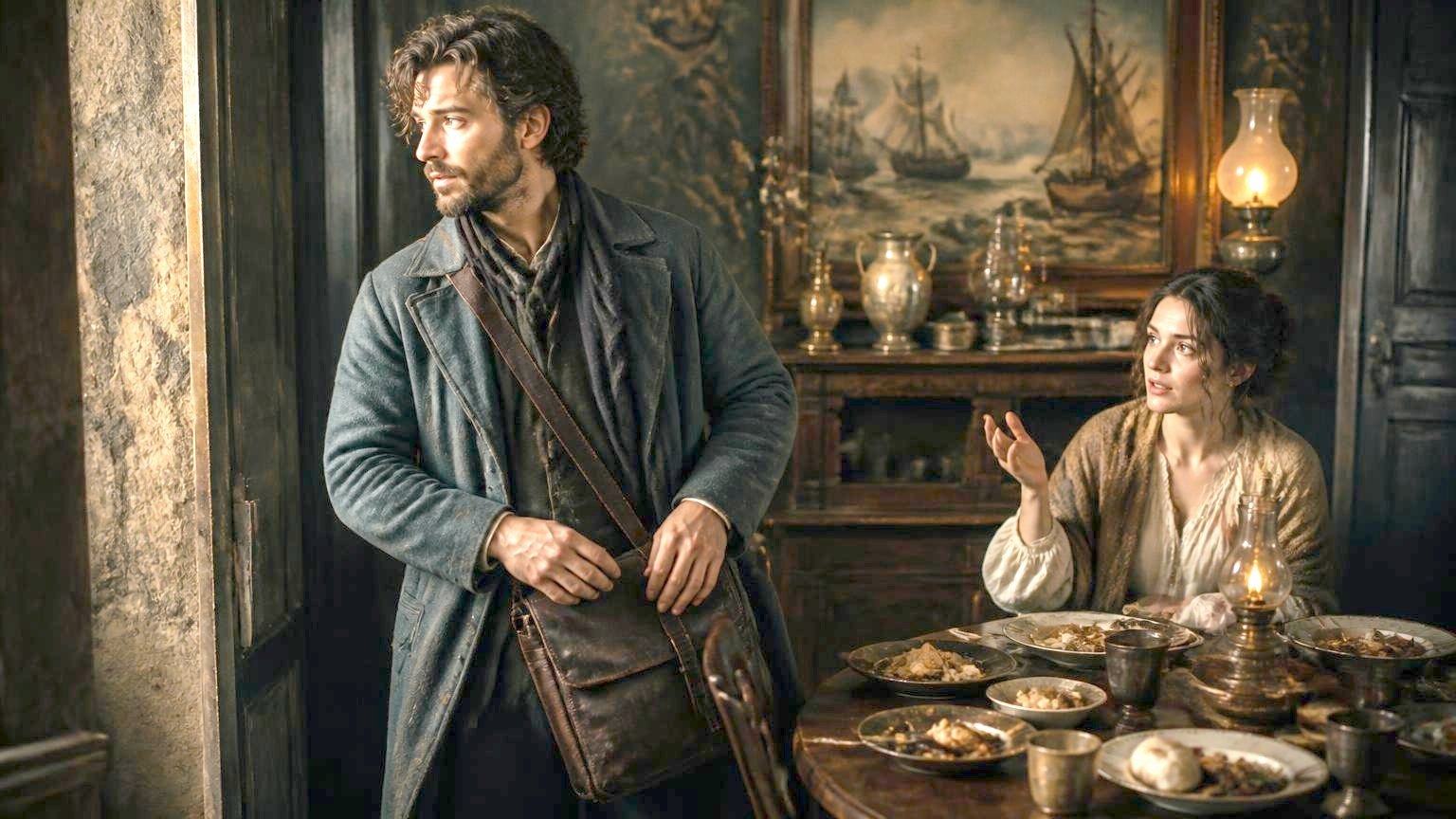 A coated traveller stands at the door buckling his satchel while a companion at the laid table speaks to him mid-sentence