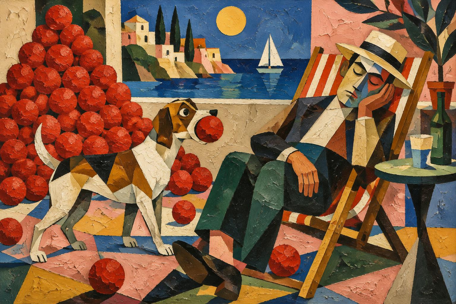 A man dozes in a deckchair as a dog nudges a red ball toward him from a great pile of red balls