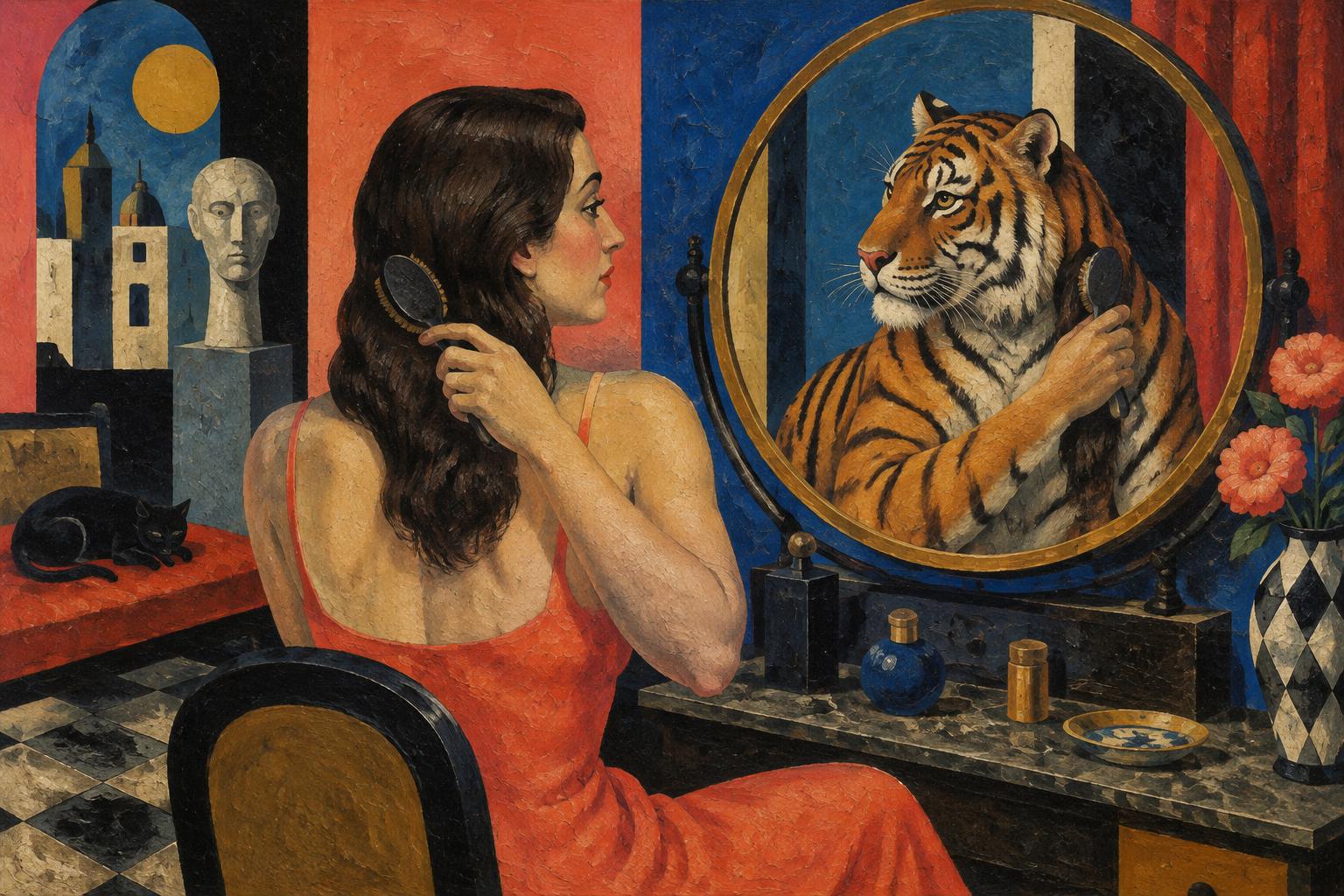 A woman brushing her hair sees a tiger brushing its fur in her dressing table mirror