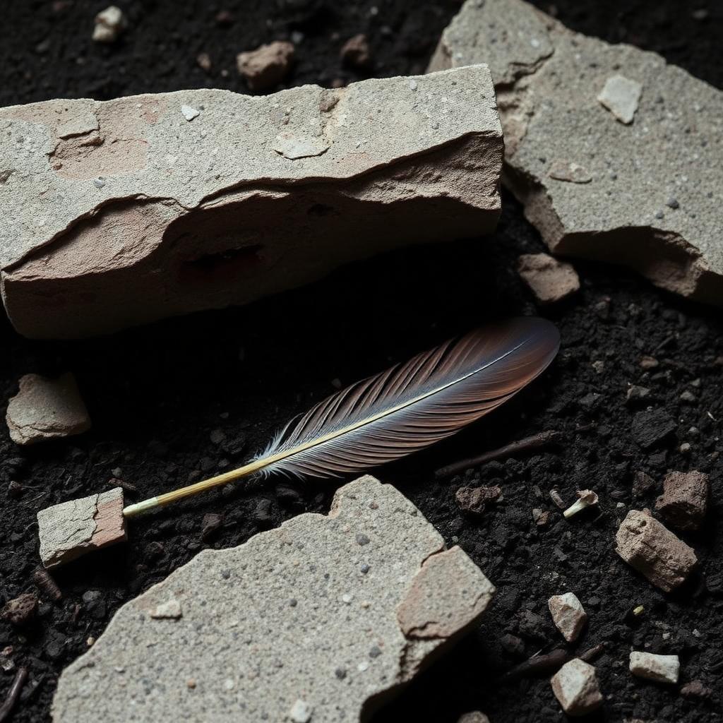 Weathered fragments of a broken stone column on dark soil with a single phoenix feather laid across them