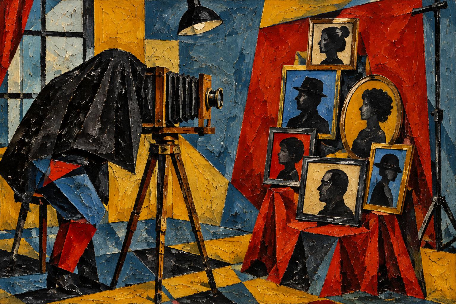 Painting of a photographer's studio filled with silhouettes
