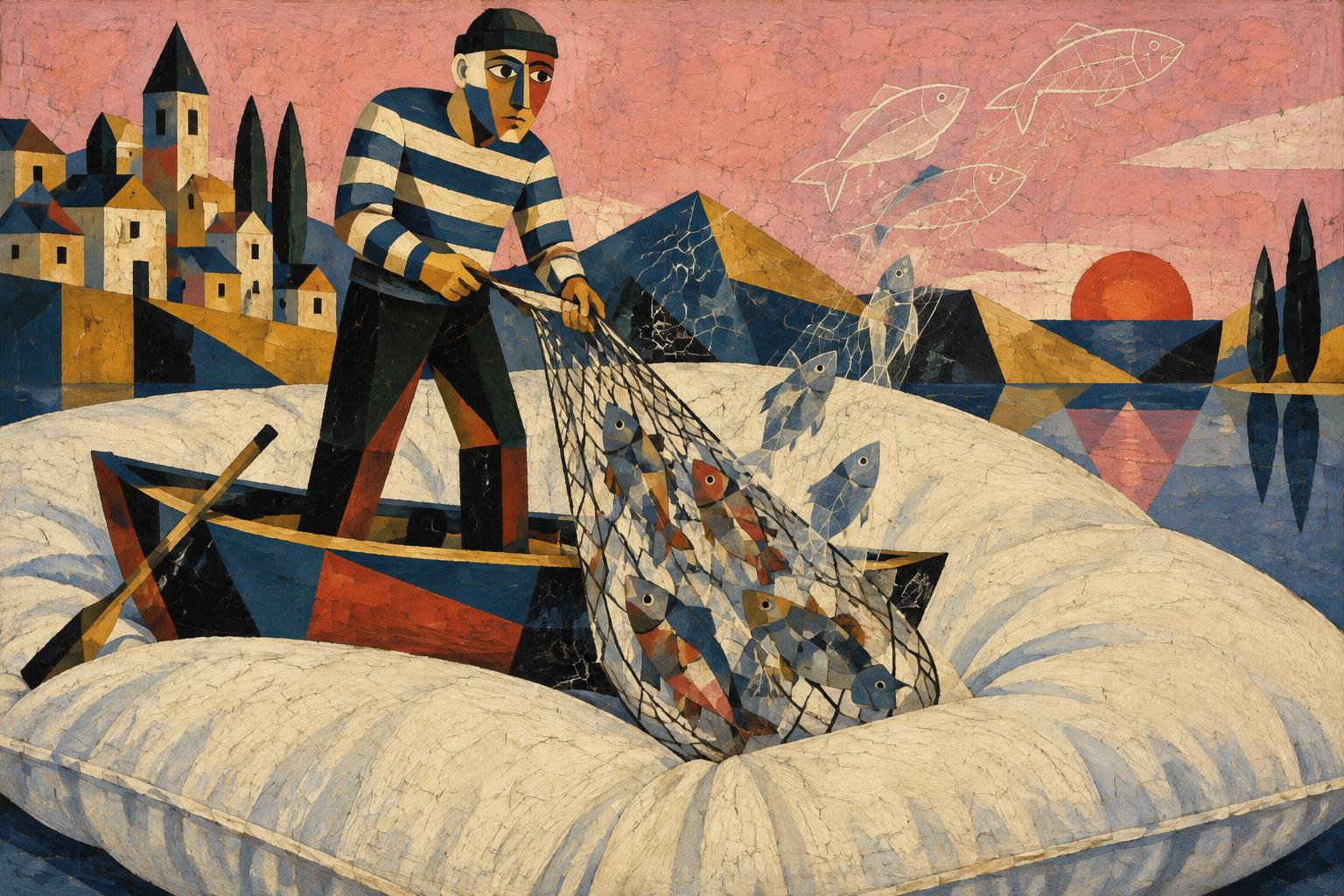 A fisherman in a striped jumper hauls a net of fading fish out of a boat that floats on a giant pillow