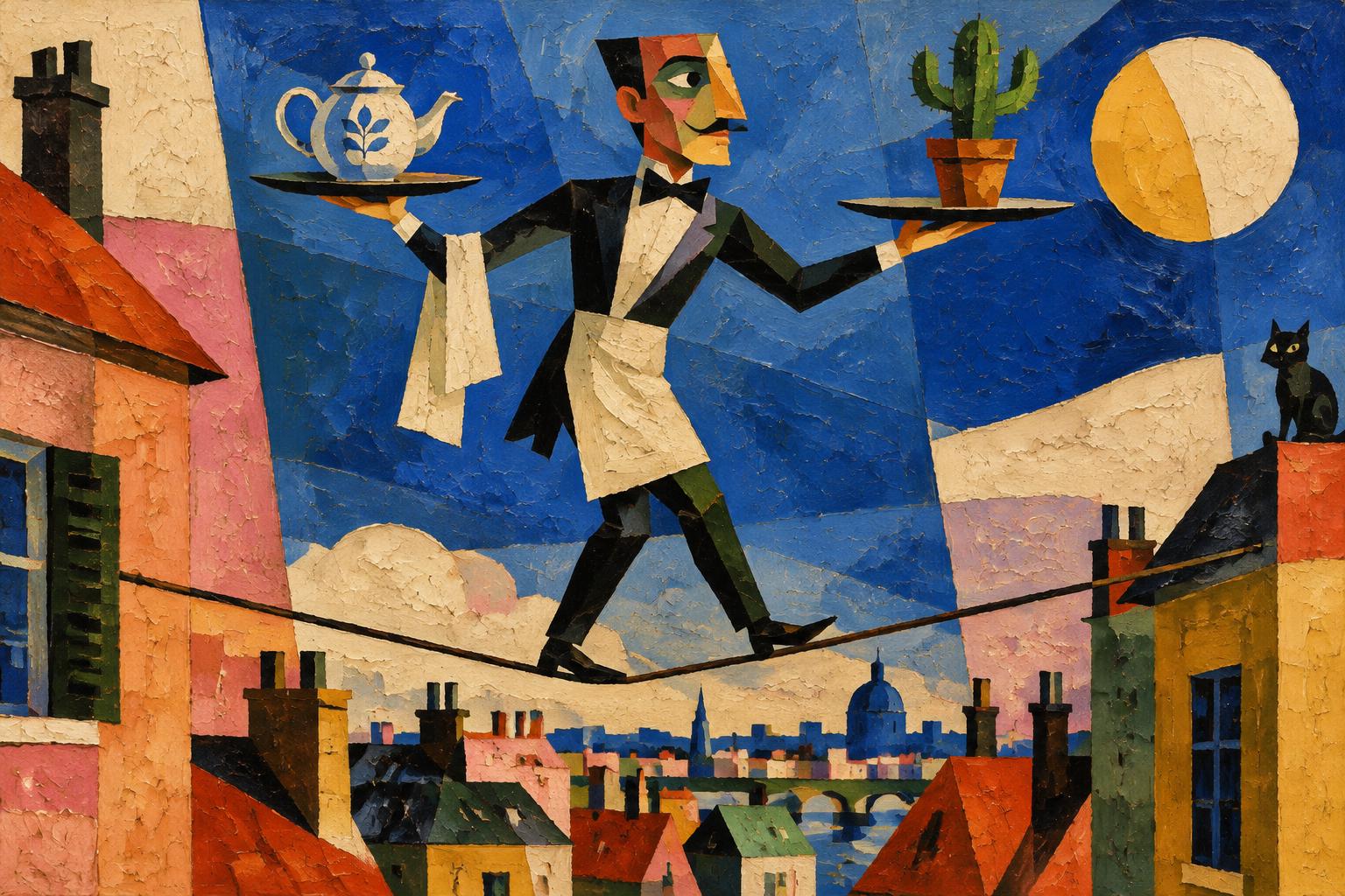 A waiter balances on a tightrope above the rooftops, a teapot on one tray and a cactus on the other