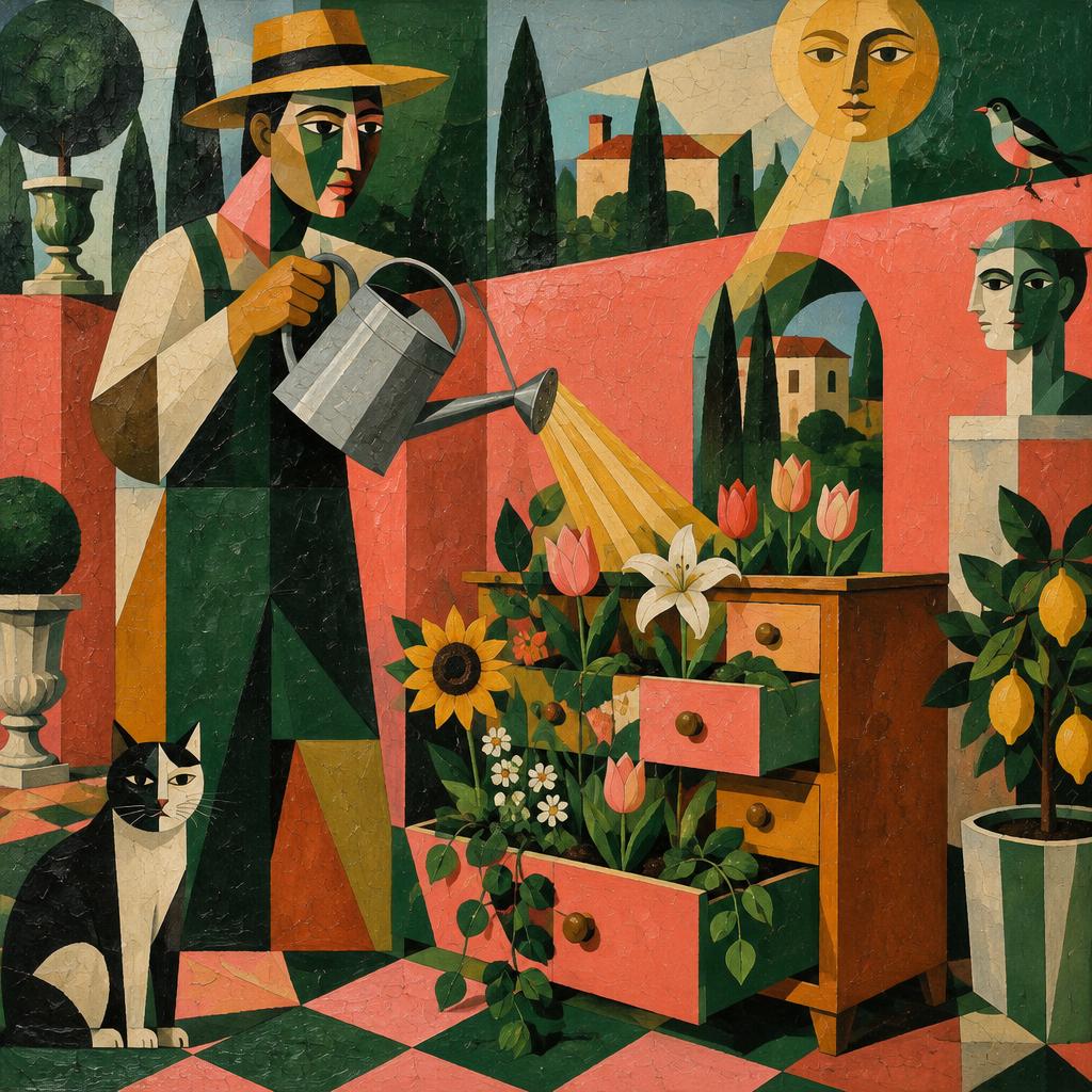 A gardener waters a chest of drawers overflowing with flowers, a cat and a bird nearby