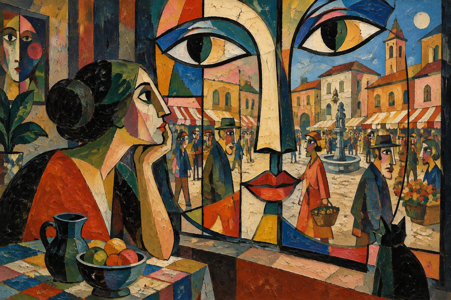 A woman gazes through a window shaped like a large face onto a busy market square