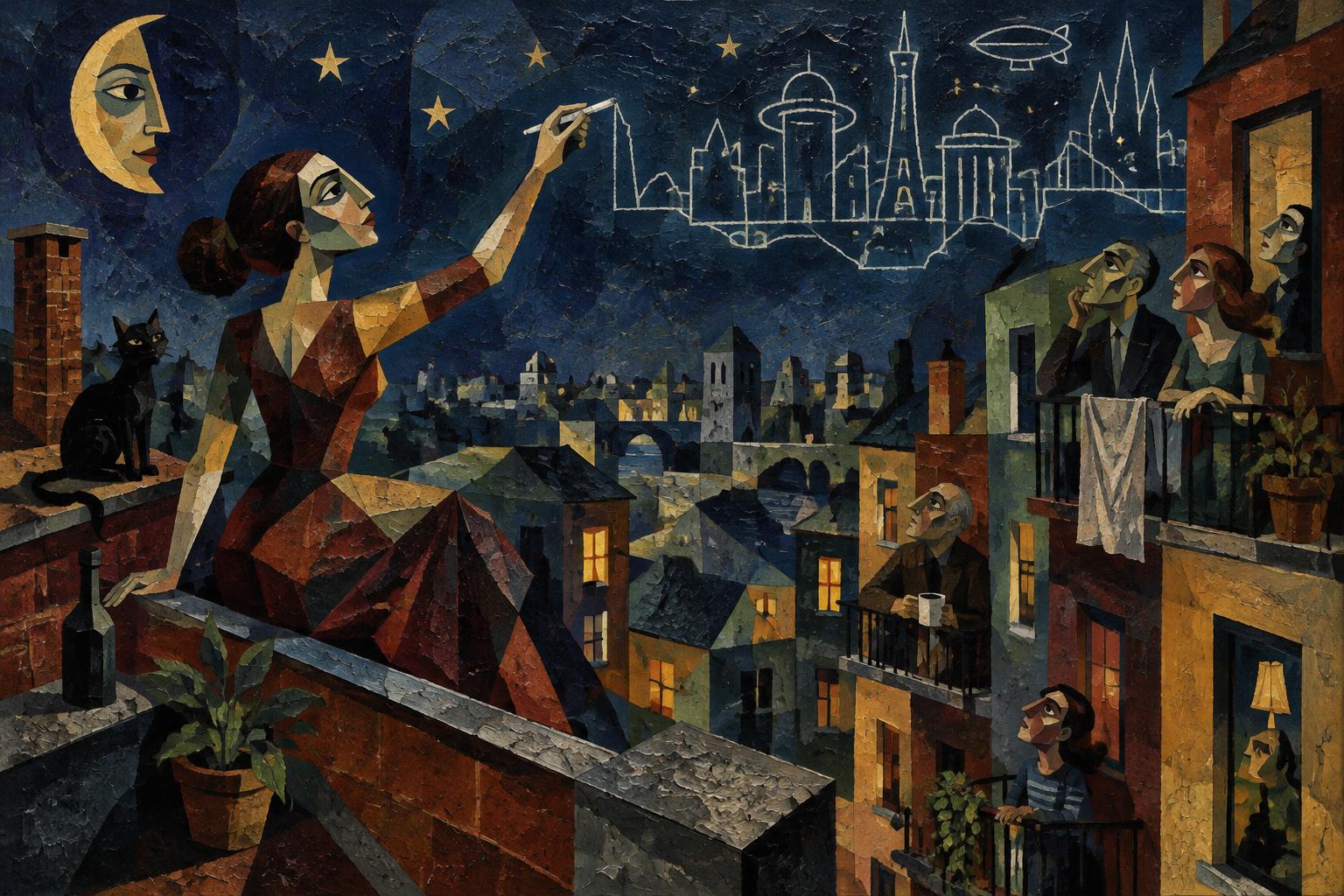 A woman draws the outline of a city that does not yet exist across the night sky above the rooftops