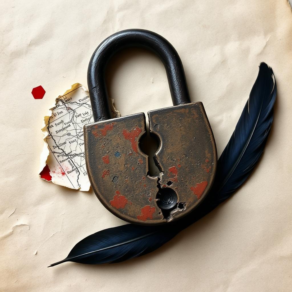 A cracked iron padlock broken open on parchment beside a torn map fragment and a single black raven feather