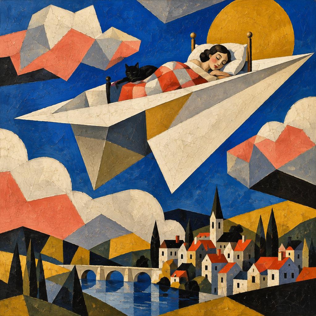 A woman sleeps in bed with a black cat on a giant paper plane flying over a hillside village