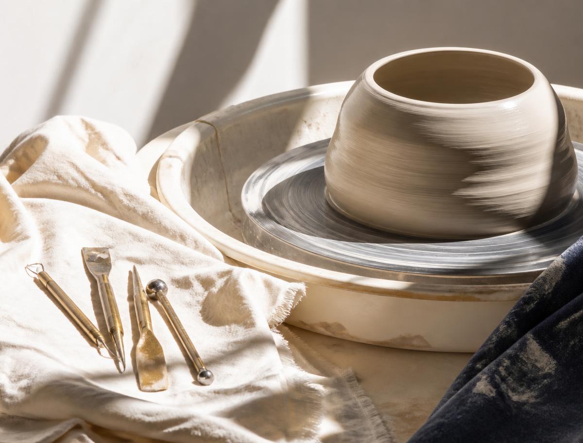 Fresh clay turning on a potter's wheel beside brass tools