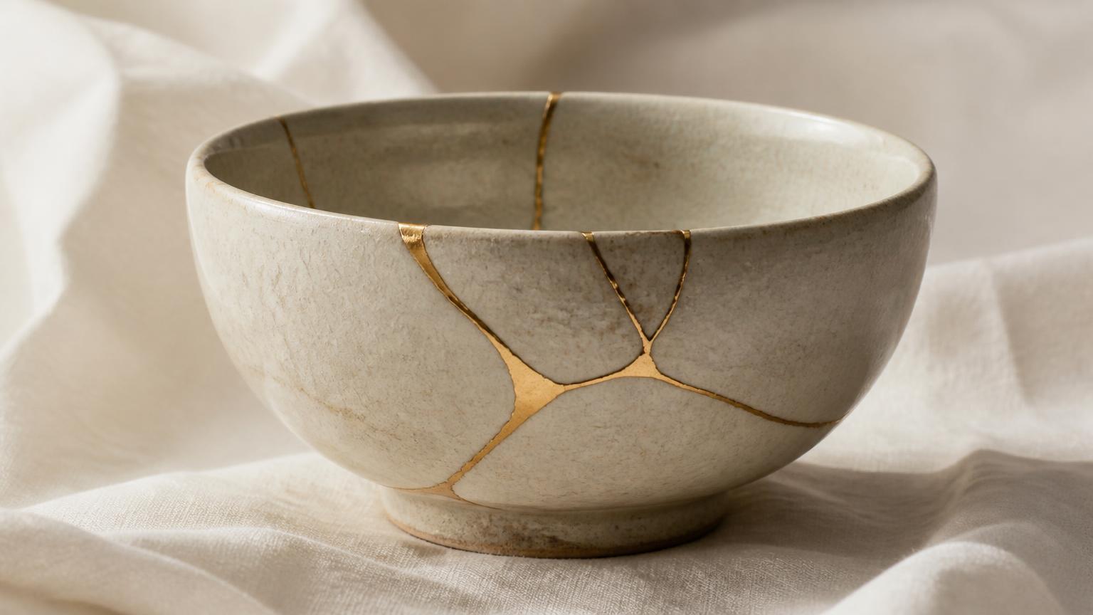 A broken ceramic bowl mended along its seams with gold