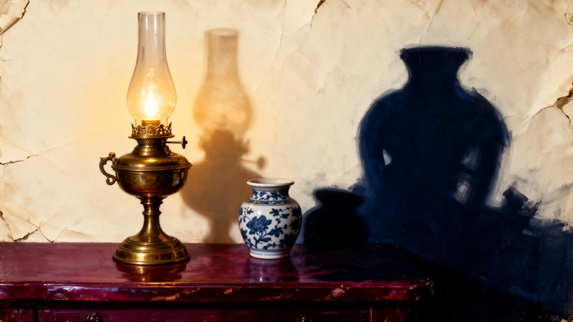 An old hand mirror resting on dark velvet beside a brass candle, painterly editorial still life