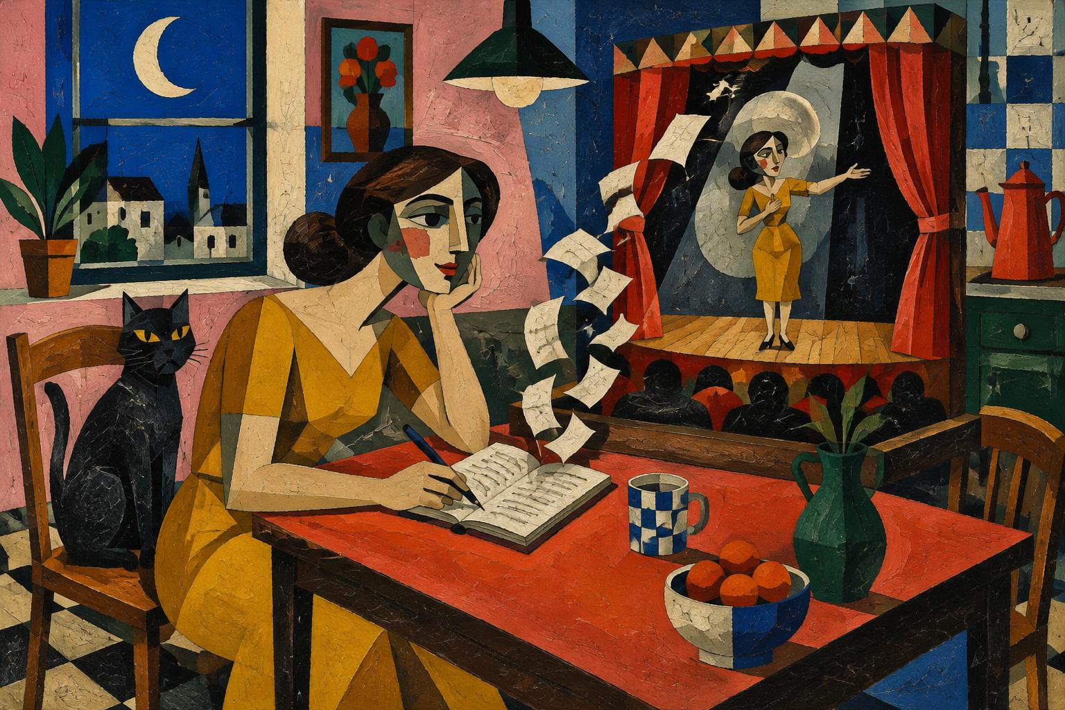 A woman writes at her kitchen table as the pages lift off and build a little stage where a painted version of herself takes a bow, a black cat watching