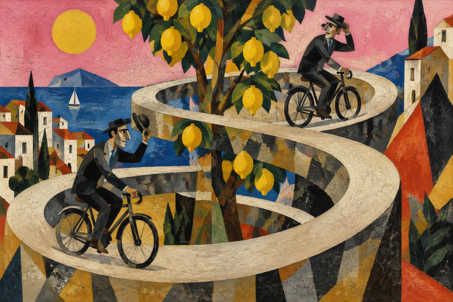 Two cyclists ride a spiralling path around a lemon tree, one higher up the spiral than the other