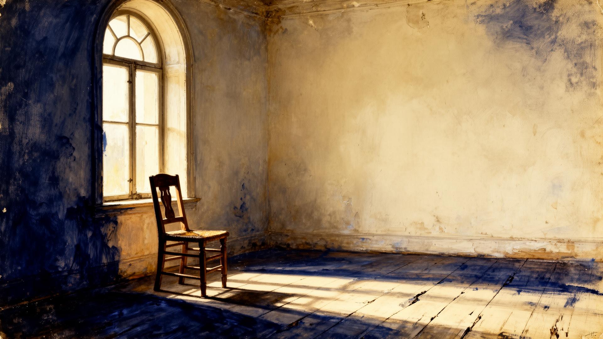 A weathered wooden doorway opening onto a quiet garden, painterly editorial still life