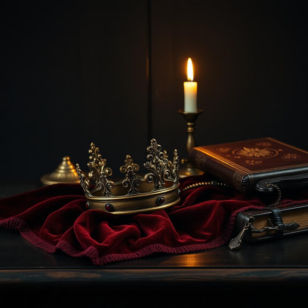 An ornate antique brass crown resting on deep oxblood velvet beside a leather-bound book and a single candle.