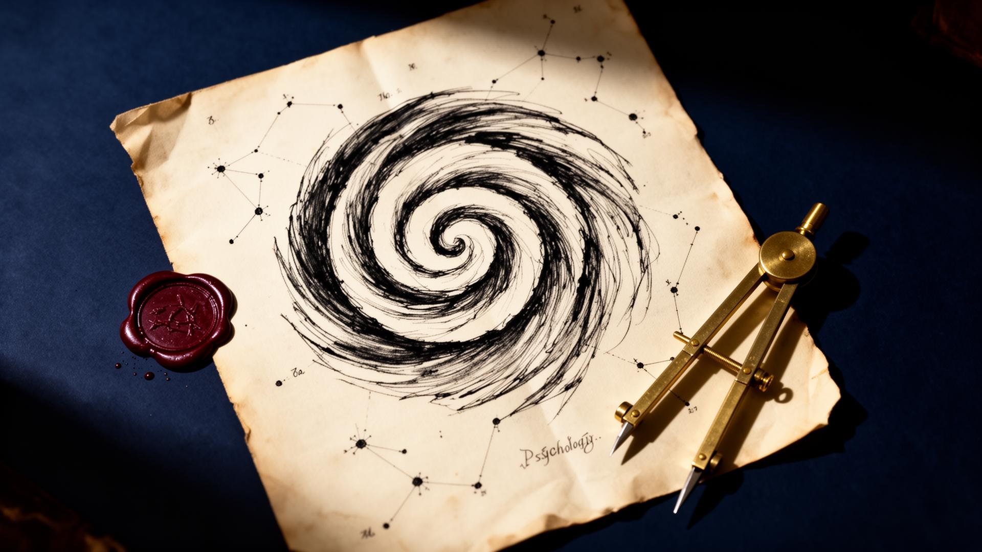 An ink spiral on aged parchment beside a brass compass and oxblood wax seal — the spiral of inner growth.