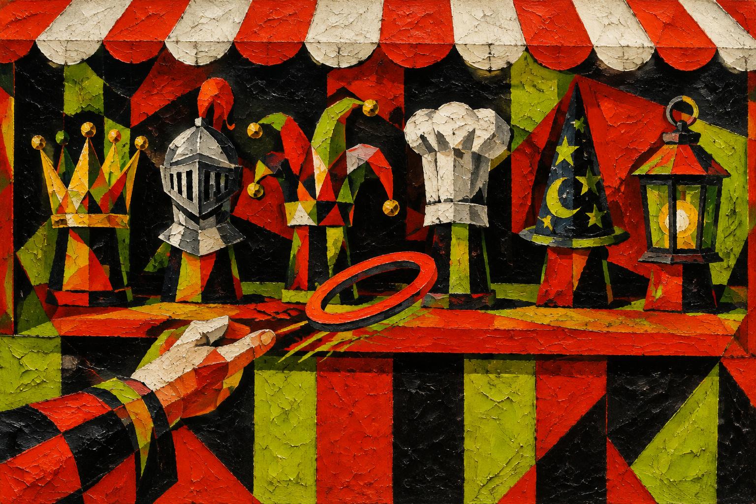 Painting of a fairground stall of character hats and masks