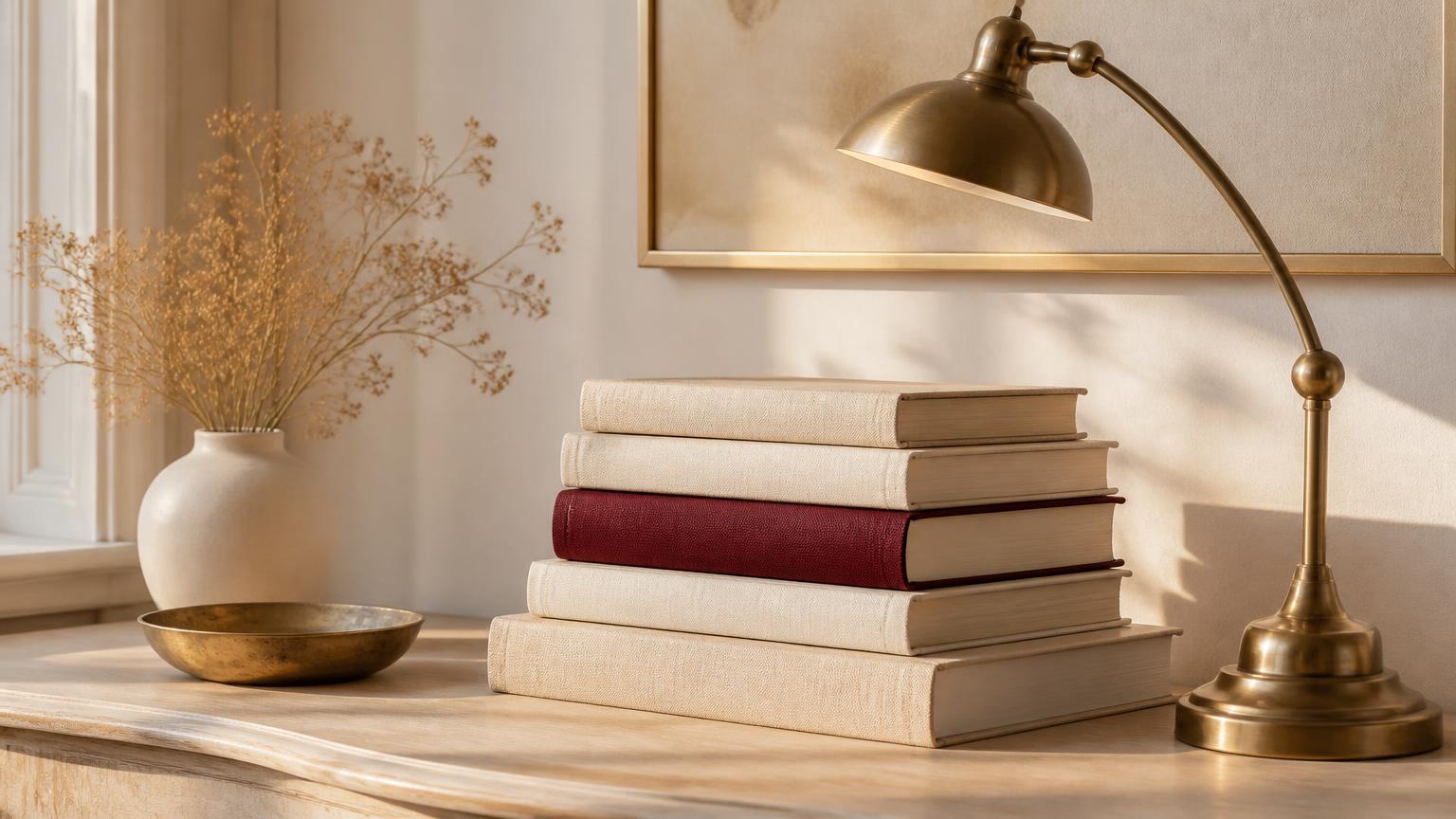 A stack of cloth-bound books beside a brass reading lamp