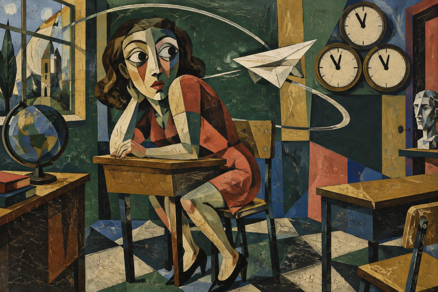 A pupil sits at her school desk as a paper plane loops past three wall clocks showing the same time
