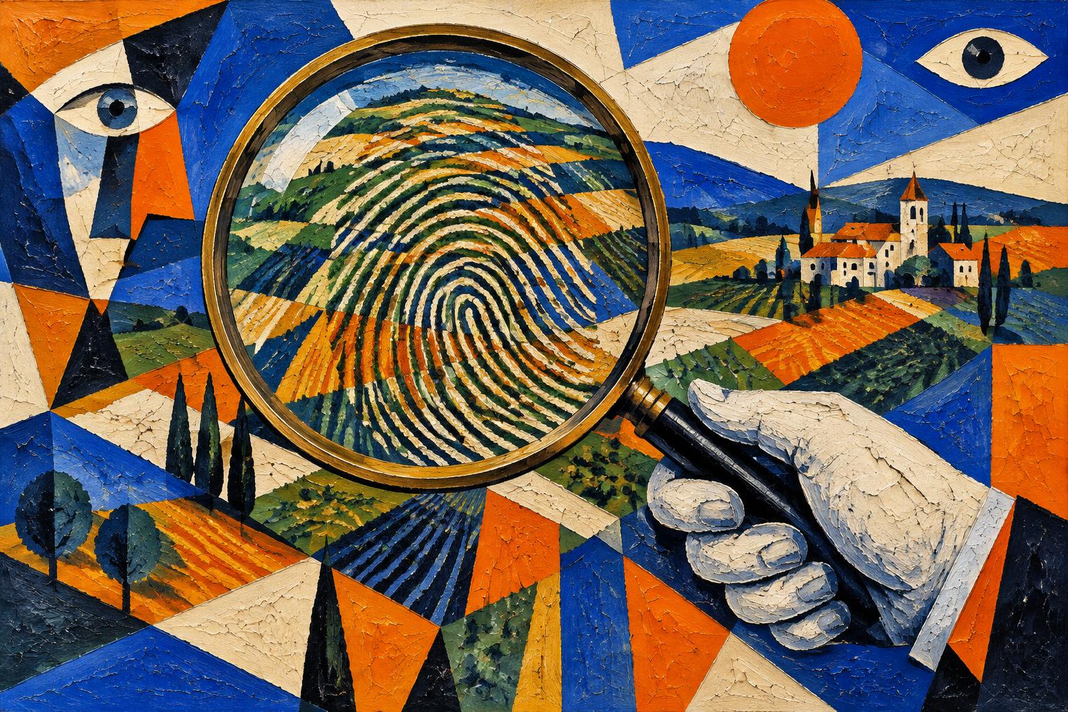 Painting of a magnifying glass turning patchwork fields into a fingerprint