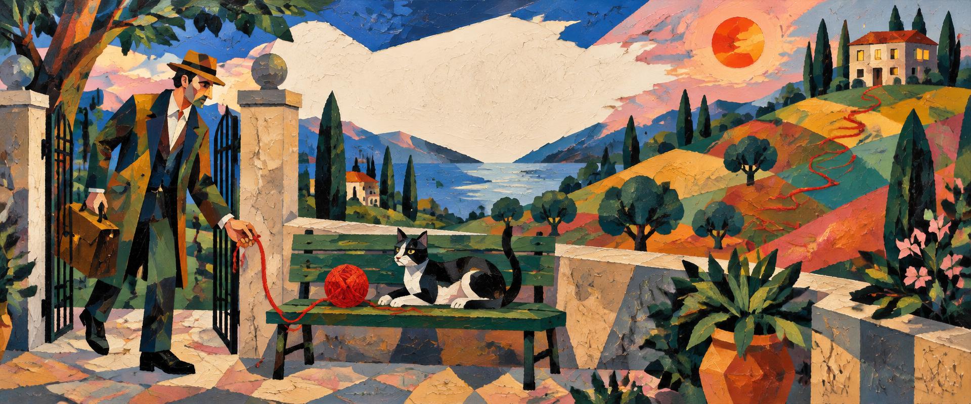 A man comes back through a garden gate and picks up the end of a red thread left on a bench, a cat waiting beside it