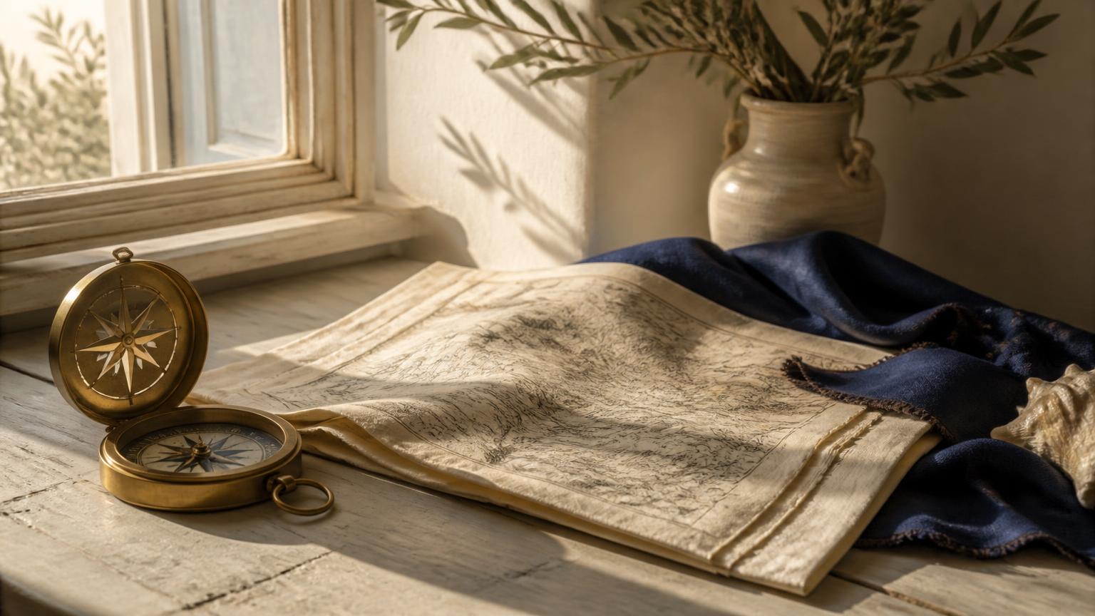 An open brass compass and a folded map on a sunlit windowsill