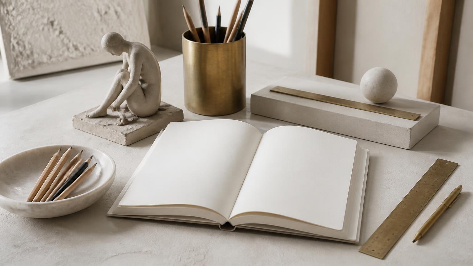 Pencils, a brass ruler and an open sketchbook on a pale studio table