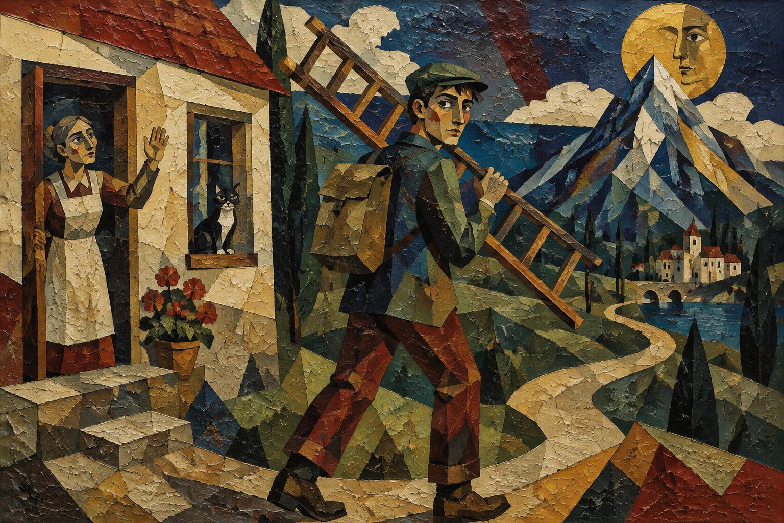 A young man carries a ladder and a pack out along a winding road toward a mountain, a woman waving from the door