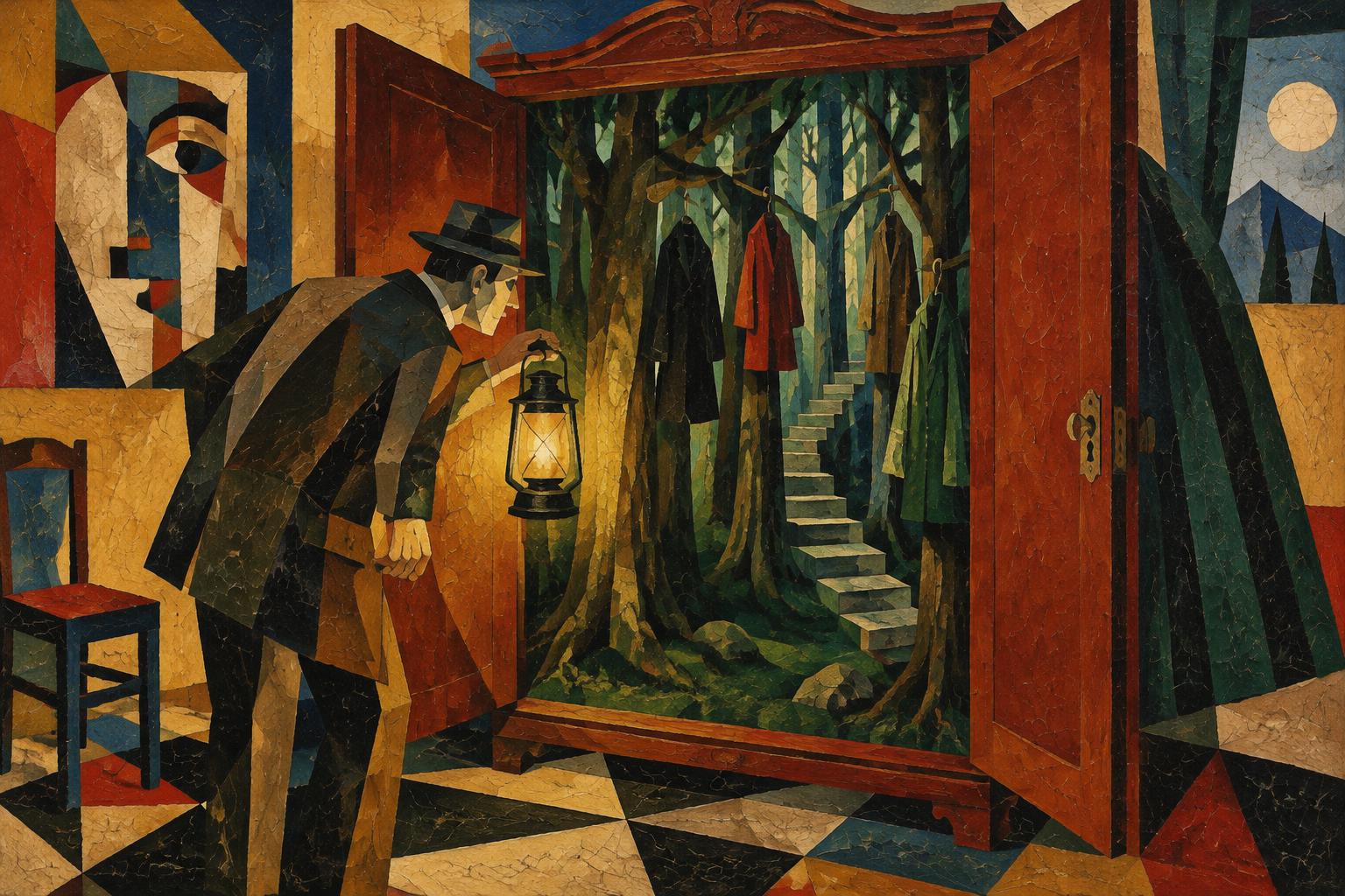 A man with a lantern opens a wardrobe that leads into a deep green forest with a staircase inside