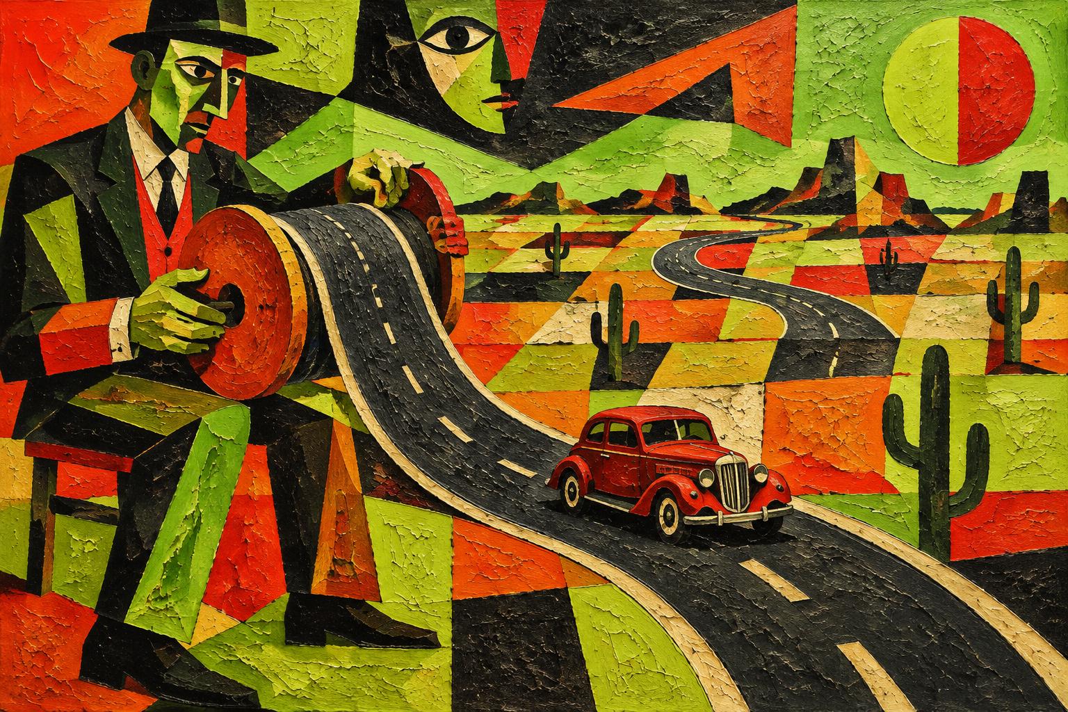 A man unrolls a road from a spool as a red car drives along it through the desert