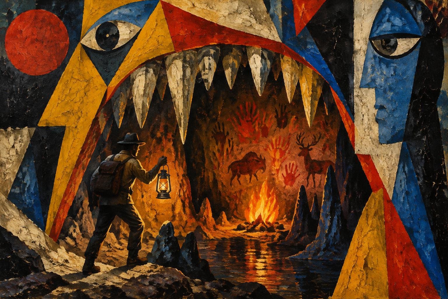 An explorer with a lantern walks into a cave shaped like a giant mouth with a fire and cave paintings inside