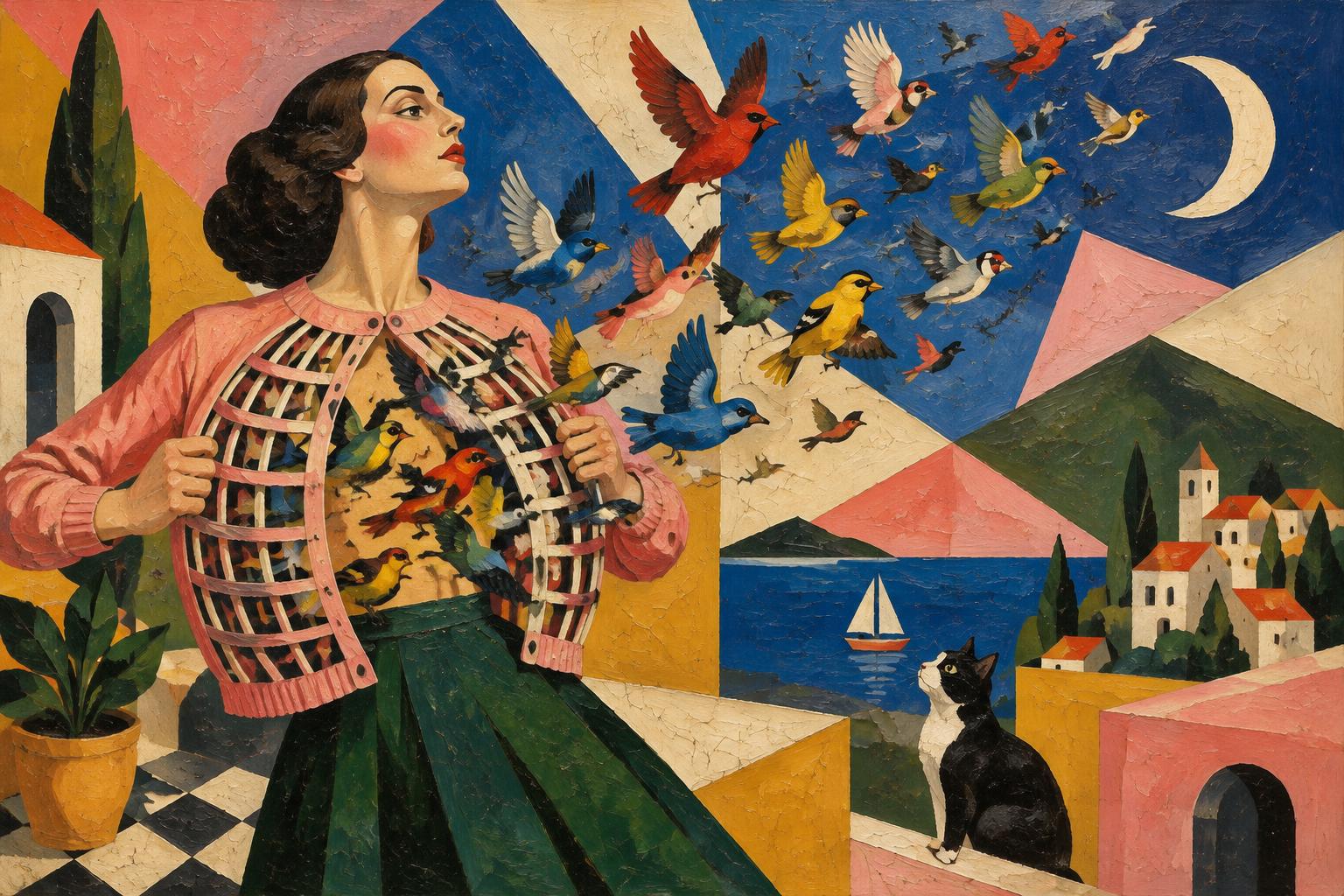 A woman opens her cardigan like a birdcage and colourful birds fly out across the sea
