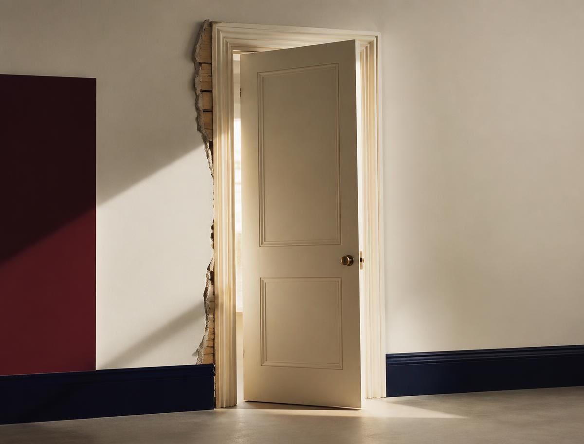 A cream door standing open through a deliberately broken wall