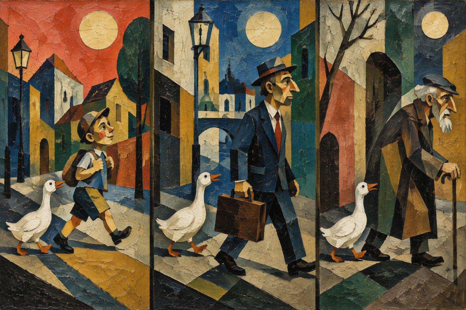 The same goose follows one man through three scenes - as a schoolboy, a businessman and an old man with a cane