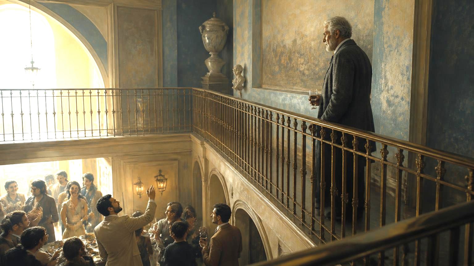An older scholar watches a warm gathering from a brass-railed gallery above while a hand below is raised toward him in invitation