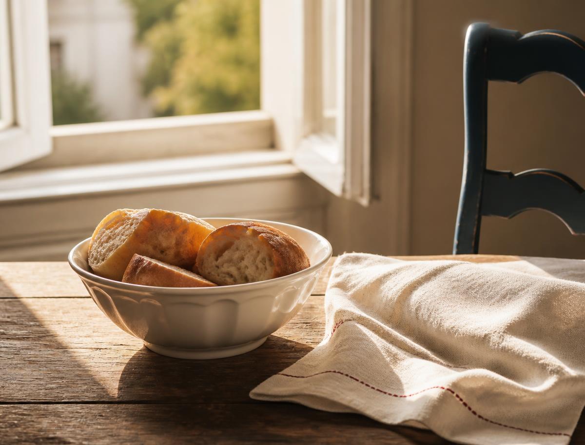A bowl of bread and folded linen on a sunlit kitchen table
