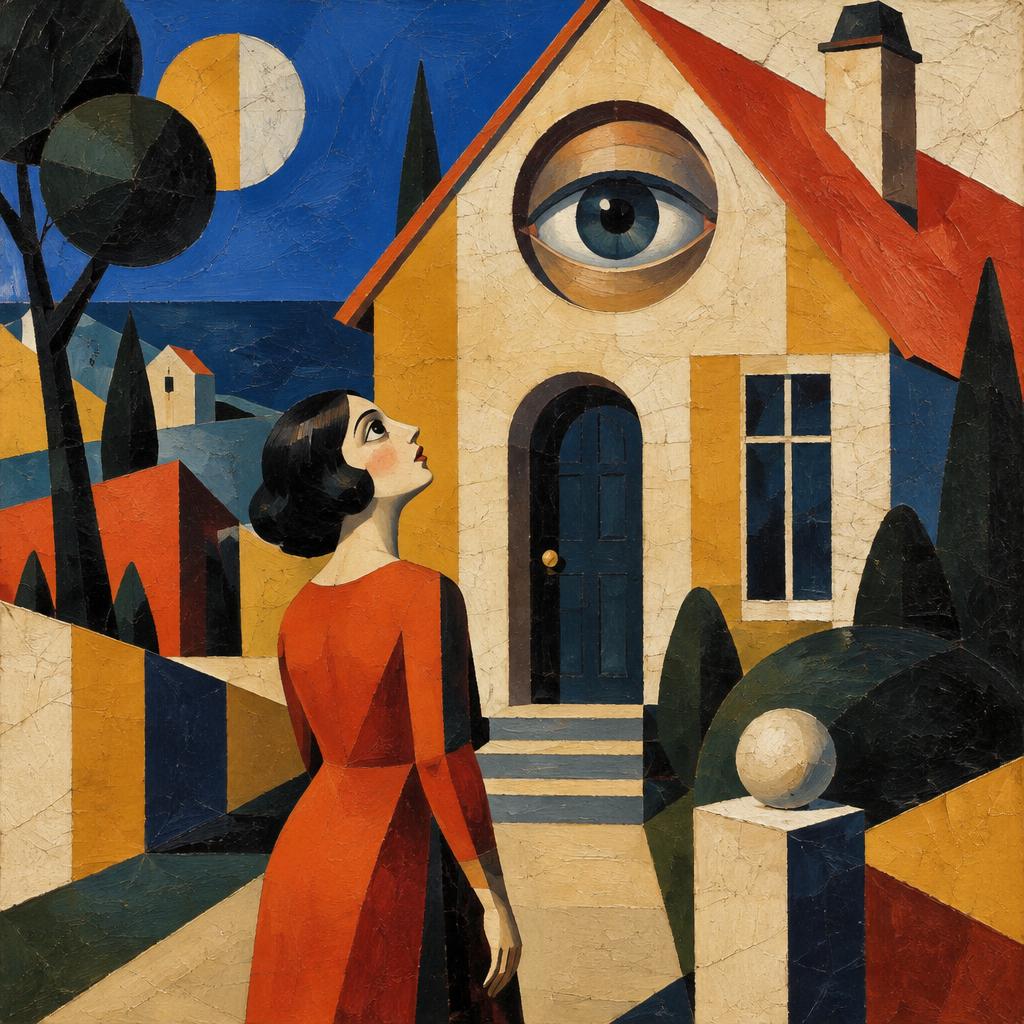 A woman in red looks up at a house with a giant eye in place of its window