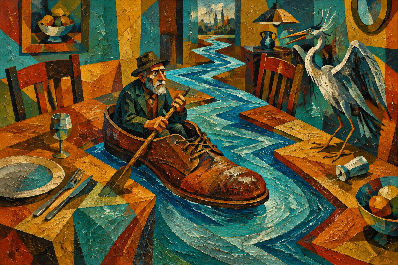 An old man rows a giant shoe down a river that runs across a dining table, a heron watching