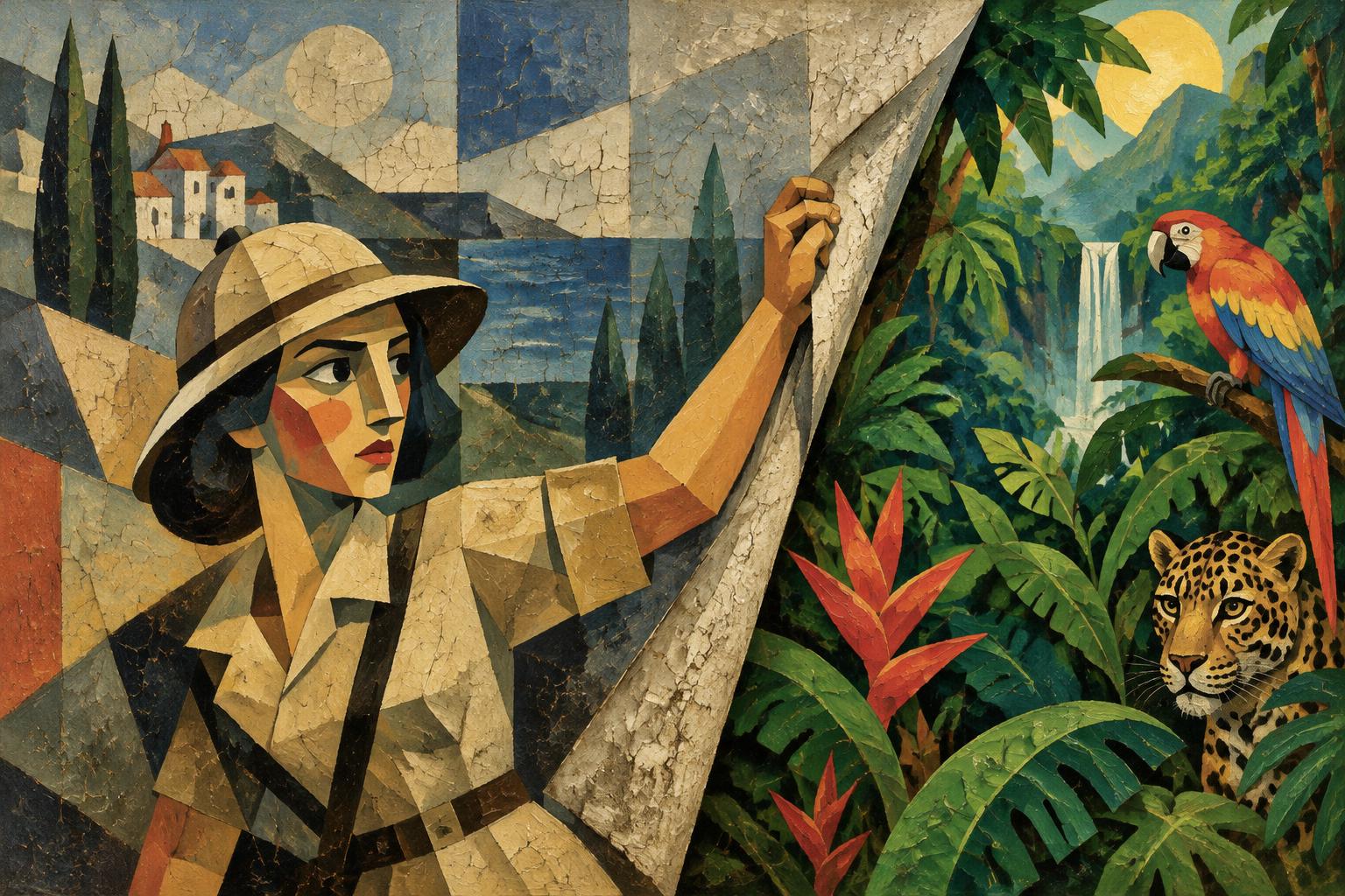 A woman in a safari hat peels back a painted landscape to reveal a real jungle with a parrot, a waterfall and a leopard