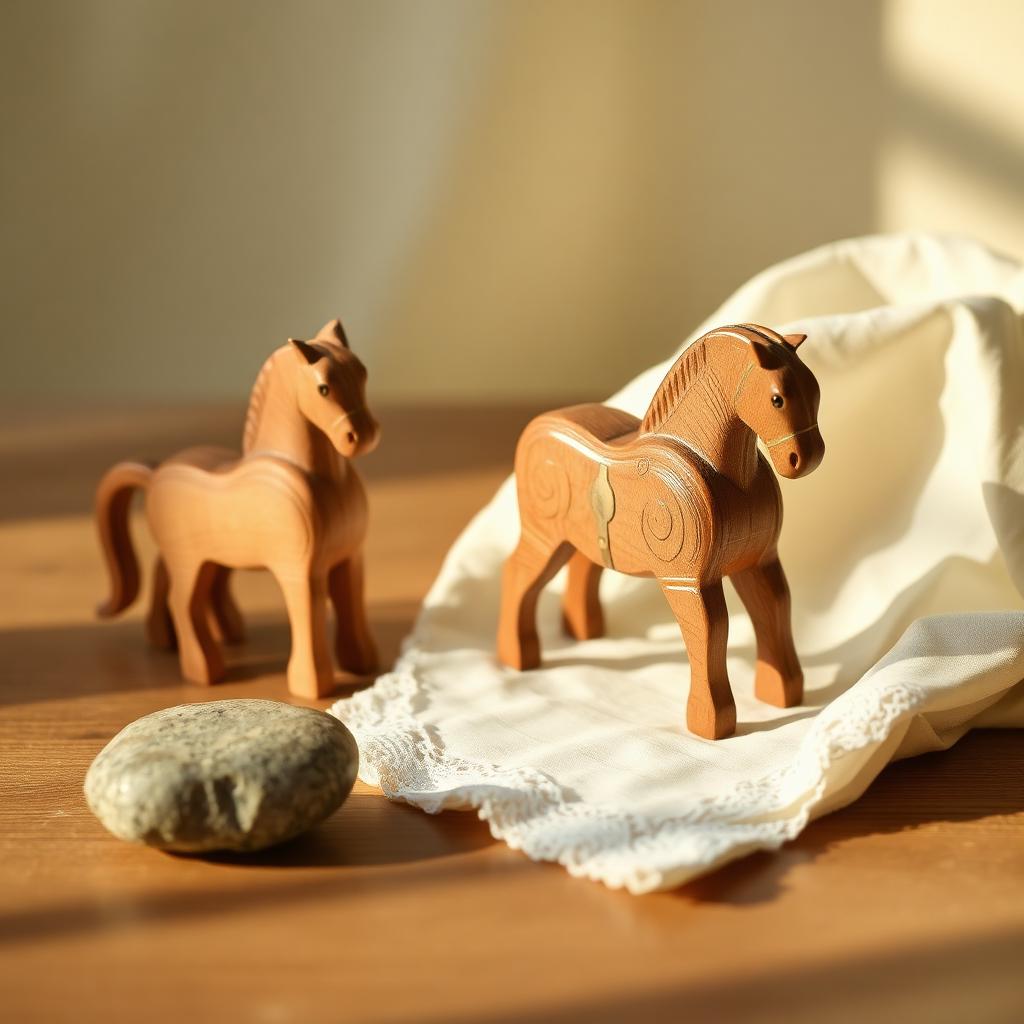 A small wooden toy horse, a single river-smoothed stone, and a folded ivory handkerchief in soft dawn light
