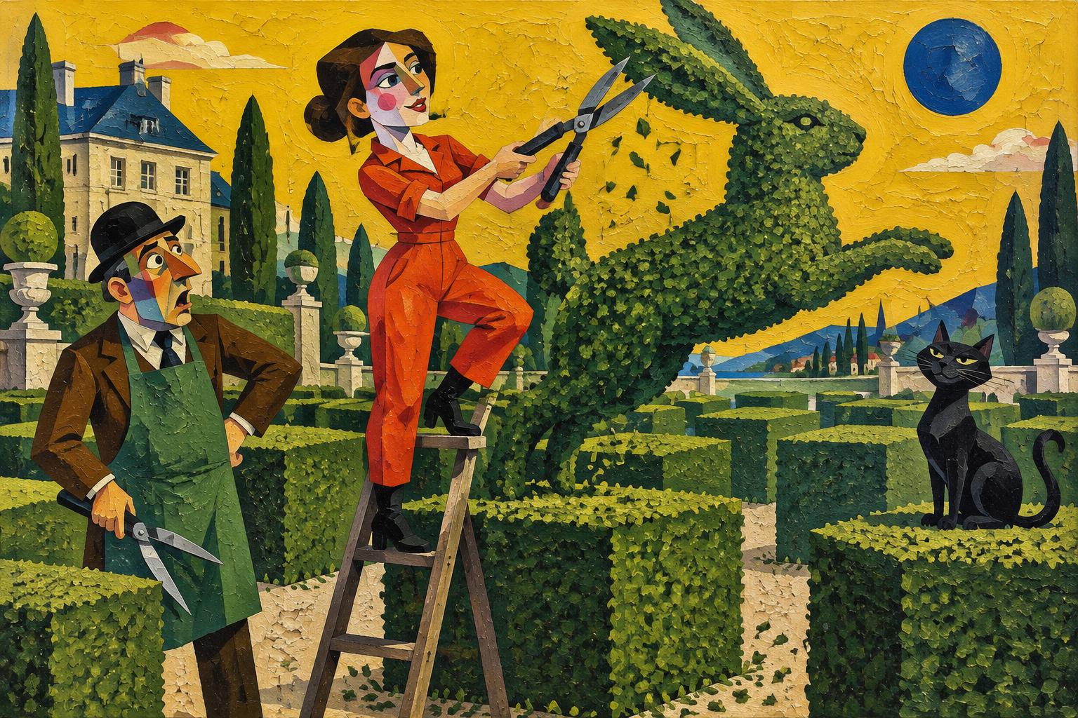 A woman on a ladder clips a hedge into a leaping hare while a gardener in a bowler hat looks on in dismay