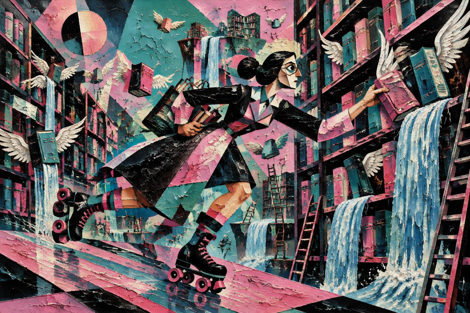 Painting of a librarian on roller skates chasing winged books