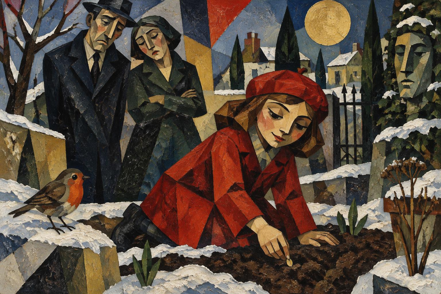 A girl in a red coat plants seeds in snowy earth as a robin watches and solemn adults look on