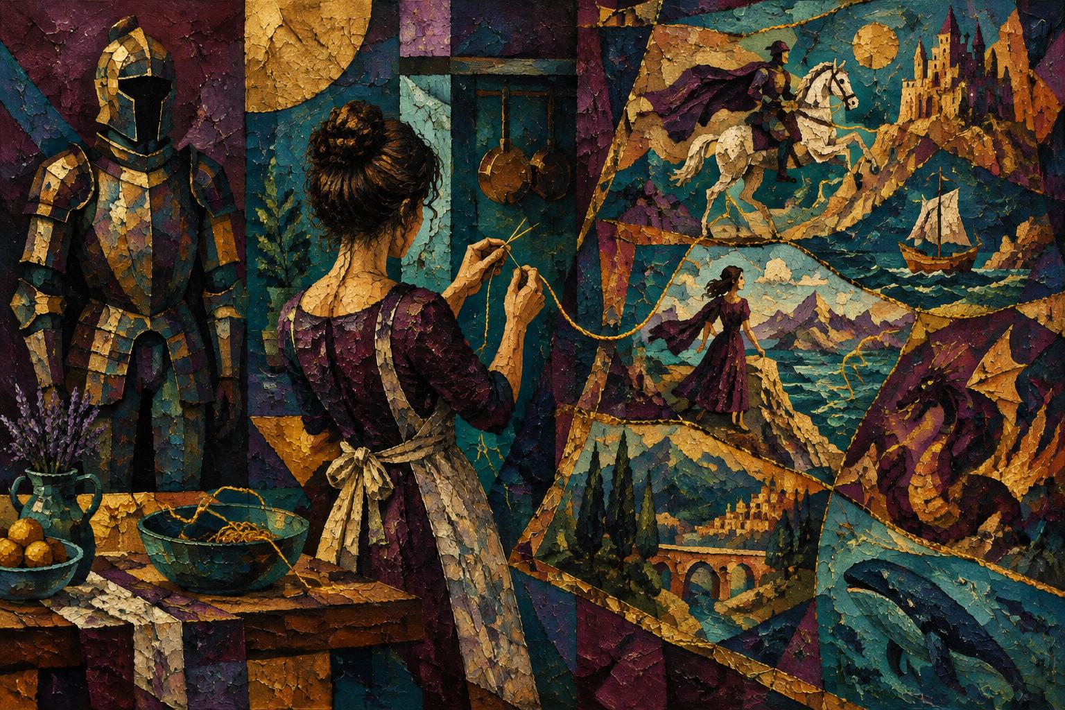 Painting of a woman in an apron stitching a golden thread into her own adventure tapestry