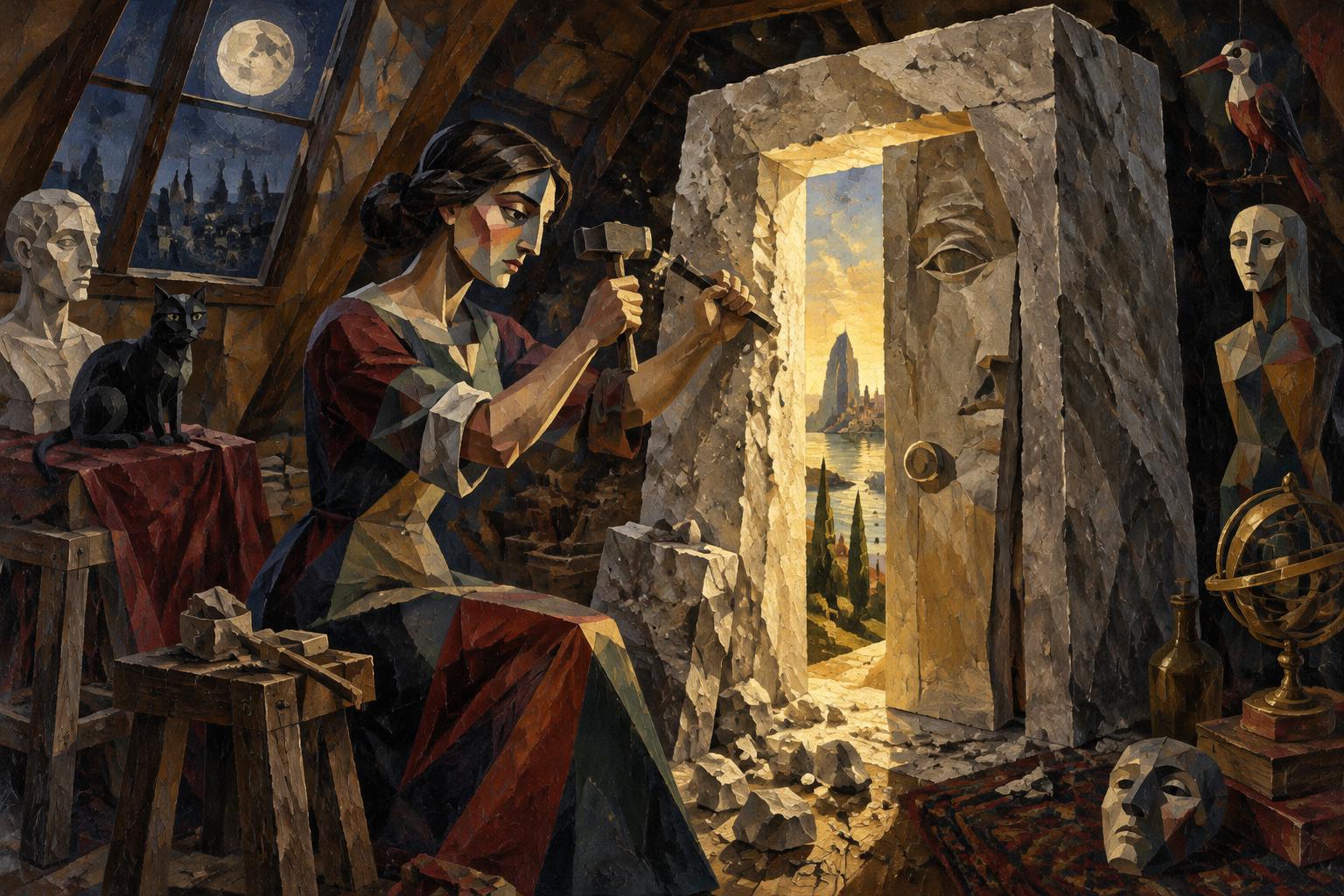 A sculptor carves a doorway into a block of stone, a sunlit landscape visible through the opening
