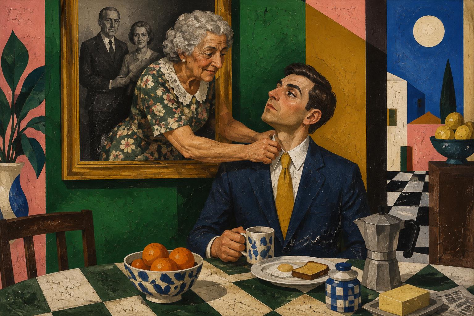 A grandmother leans out of a family portrait to straighten a young man's tie at the breakfast table