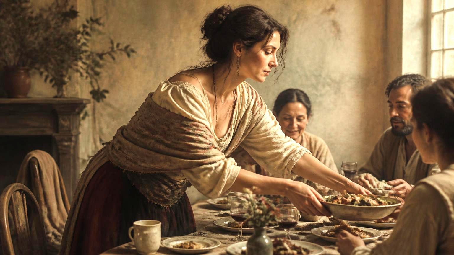 A woman leans across a full table to serve others while her own place sits empty and her cup is pushed aside